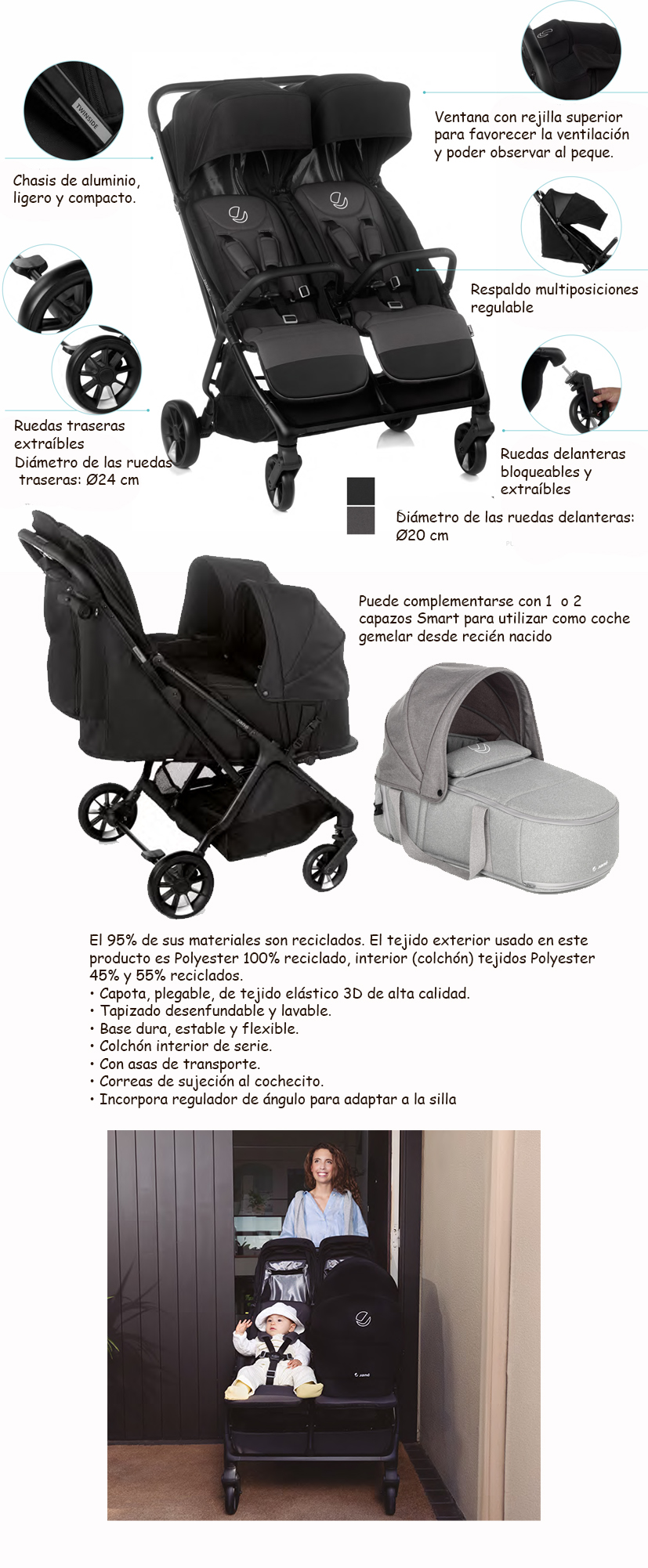Coche, silla gemelar TWINSIDE de JANE